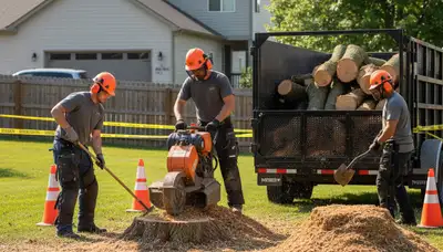 Stump removal crew in Lakeland, FL clearing an old stump on a residential property