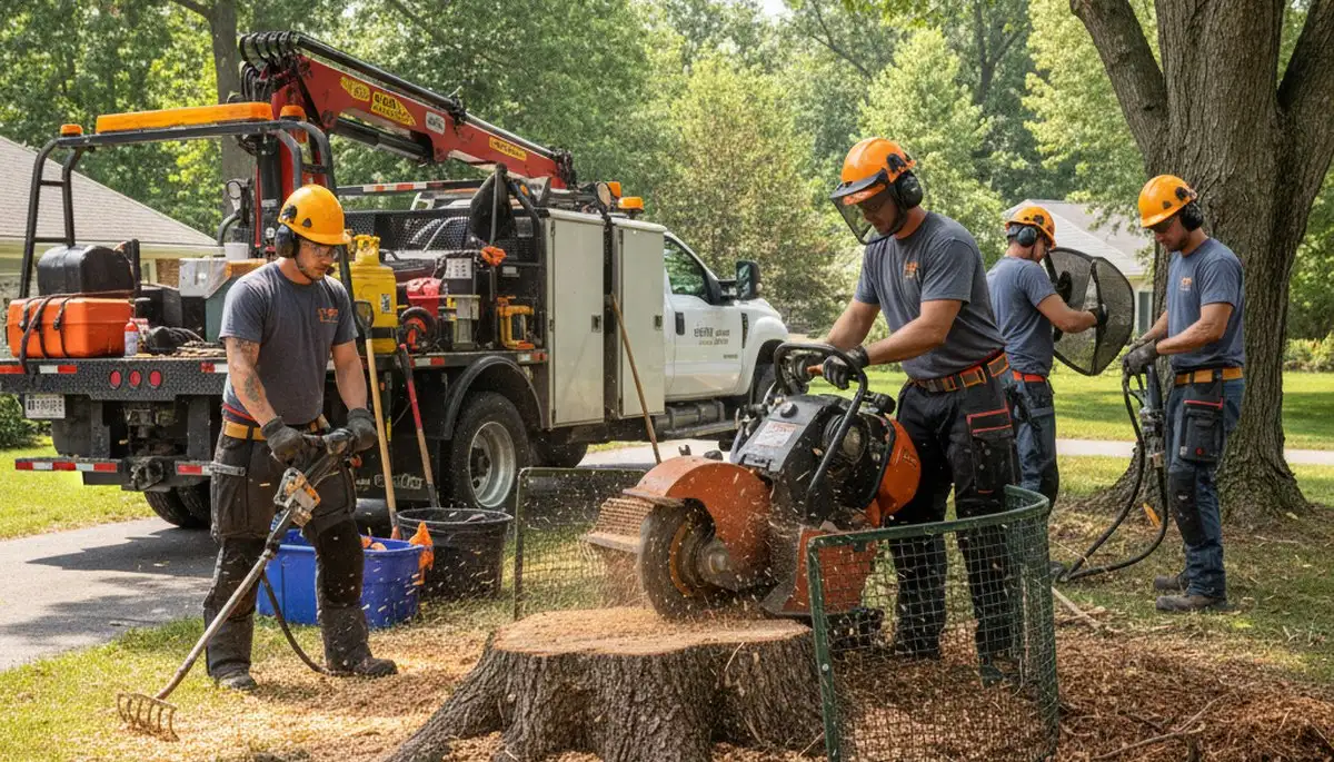 Lakeland, FL tree service crew removing a stump for safe, clear yard space