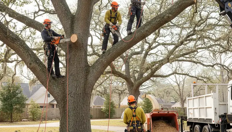 Lakeland, FL tree removal crew safely cutting and removing a damaged tree for a local property