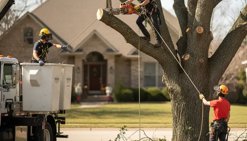 Lakeland, FL tree removal crew safely cutting down a dead tree on a residential property