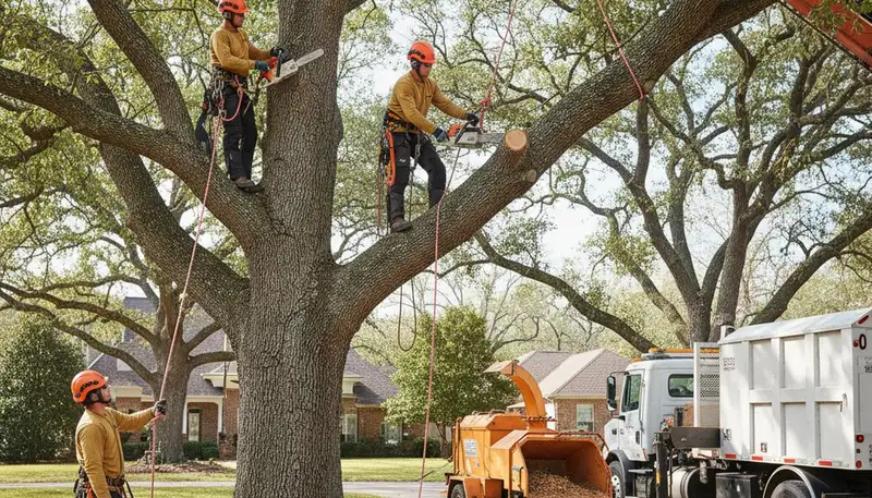 Lakeland, FL tree removal crew safely cutting down a dead tree for a local property
