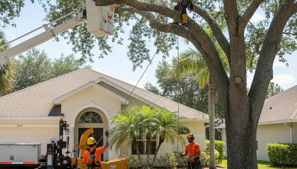 Tree service crew in Lakeland, FL handling tree trimming and removal for a local property