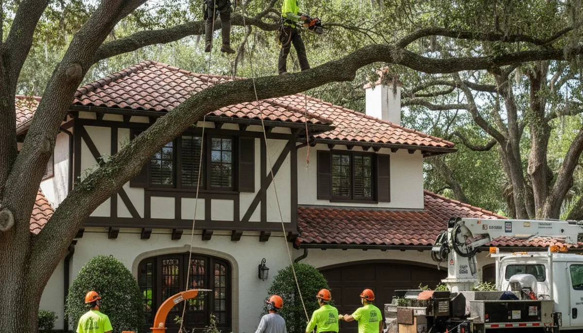 Tree service team in Lakeland, FL handling tree trimming and removal for a local property